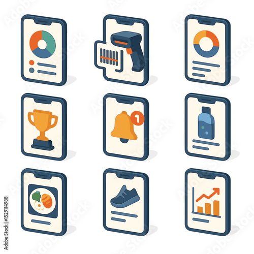 Nutritional Tracking Icons. Isometric Flat icon set of nutritional tracking apps: smartphone with macros, barcode scanner, calorie