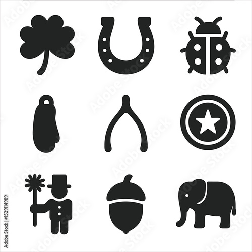 Good Luck Charms Grid. Solid, Filled icon set of good luck charms: four-leaf clover, horseshoe, ladybug, rabbit foot, wishbone,