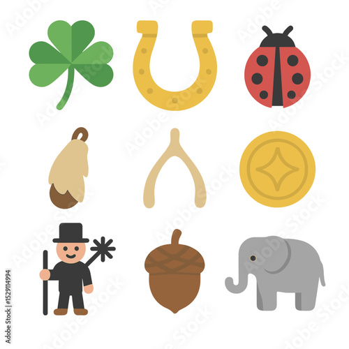 Good Luck Icons. Flat icon set of good luck charms: four-leaf clover, horseshoe, ladybug, rabbit foot, wishbone, lucky coin,