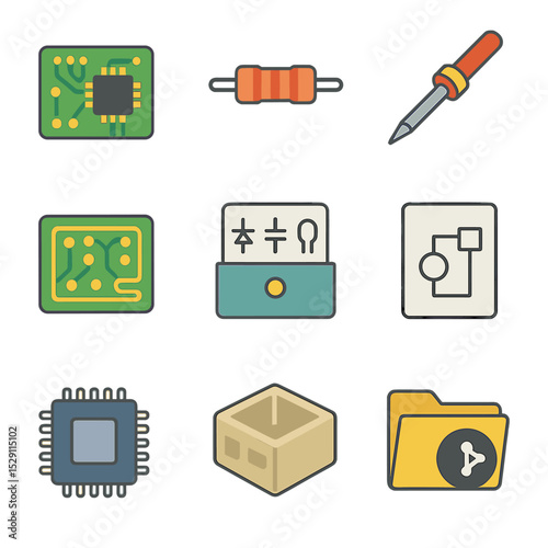 Open-Source Hardware Icons. Isometric Flat icon set of open-source hardware collaboration: circuit board, resistor, soldering iron