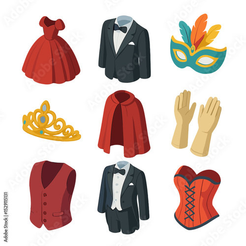Opera Costume Icons. Isometric Flat icon set of opera costumes: ball gown, tuxedo, feathered mask, tiara, opera cloak, stage