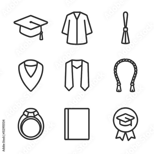 Graduation Attire Icons. Outline icon set of graduation attire: mortarboard, academic gown, tassel, hood, stole, honor cord,