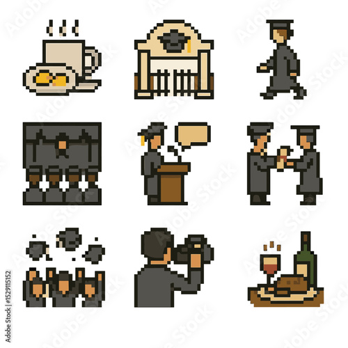 Graduation Day Icons. Pixel art icon set of graduation day timeline: morning breakfast, arrival gate, rehearsal walk, ceremony