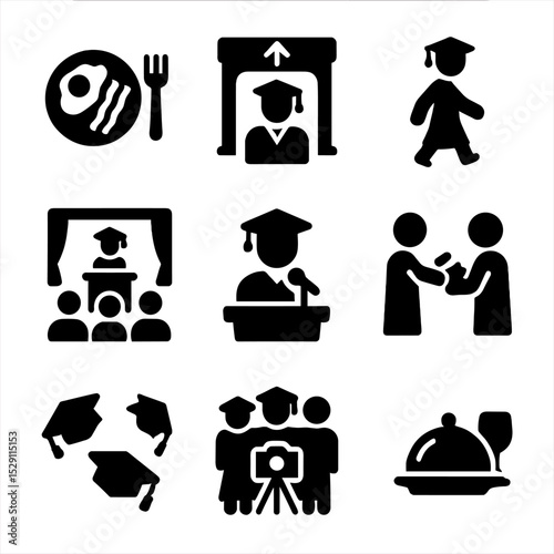 Graduation Day Icons. Solid, Filled icon set of graduation day timeline: morning breakfast, arrival gate, rehearsal walk, ceremony