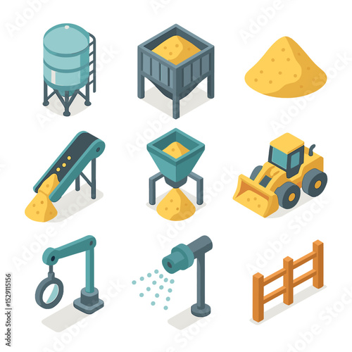 Ore Storage Icon Set. Isometric Flat icon set of ore storage and stockpile management: silo, storage bin, stockpile mound,
