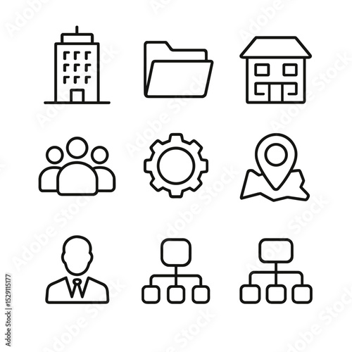 Organizational Icons Grid. Outline icon set of organizational divisions: headquarters building, department folder, branch office,