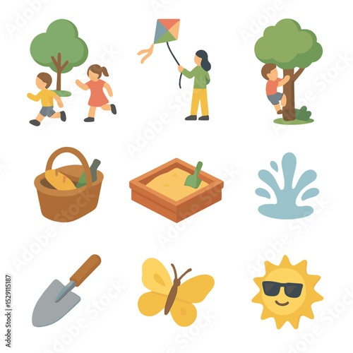 Outdoor Adventure Icons. Isometric Flat icon set of Outdoor Activities and Nature: children playing in park, kite flying, tree