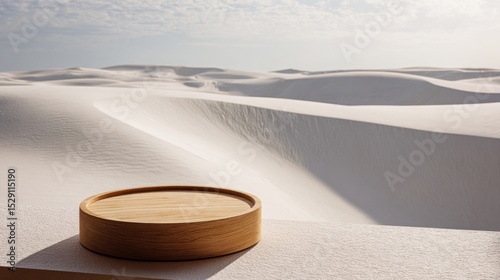 Round wooden platform on white sand dunes under a bright sky.