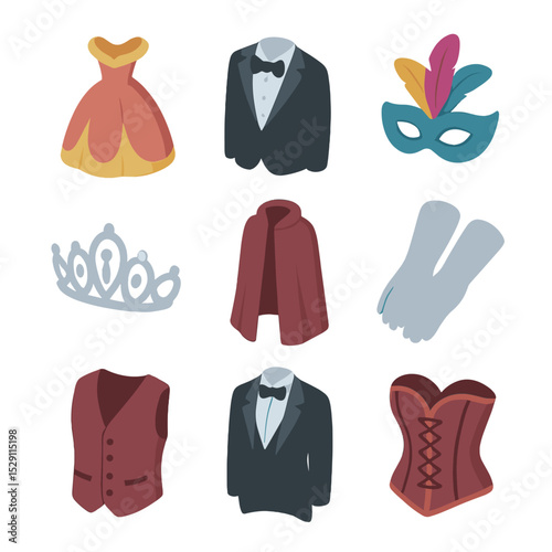 Opera Costume Icons. Isometric Flat icon set of opera costumes: ball gown, tuxedo, feathered mask, tiara, opera cloak, stage