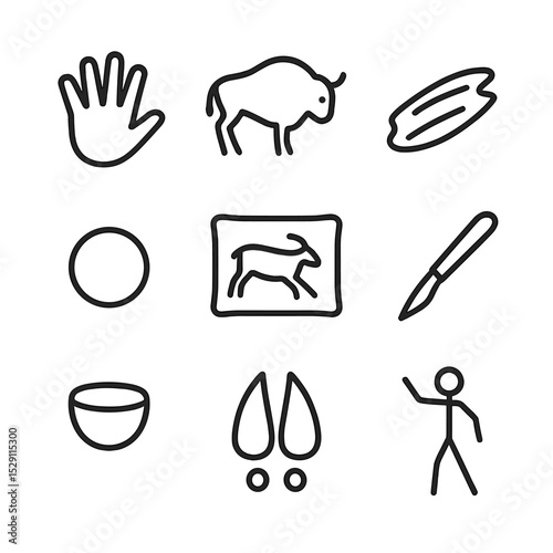 Paleolithic Icon Set. Outline icon set of paleolithic cave art: hand stencil, bison silhouette, charcoal smear, red ochre dot,