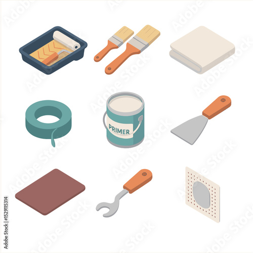 Painting Tools Icons. Isometric Flat icon set of painting and wall prep: paint roller tray, paintbrush set, drop cloth, painter’s