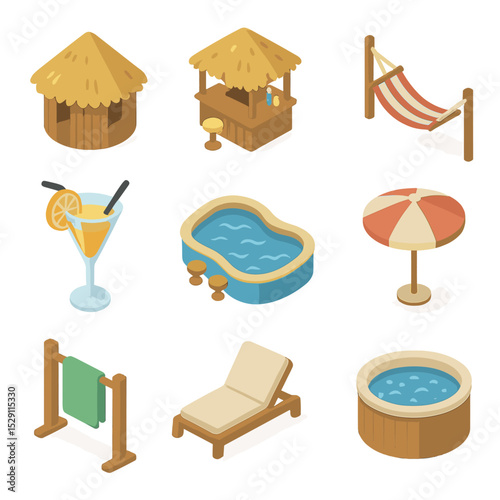 Palm Resort Icons. Isometric Flat icon set of palm-themed resort amenities: thatched hut, beach bar, hammock strung, cocktail