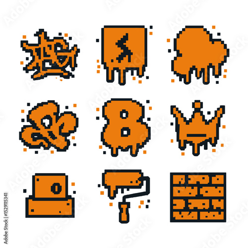 Graffiti Icon Set. Pixel art icon set of graffiti splatter: tag outline, stencil drip, throw-up blob, mural sketch, bubble letter