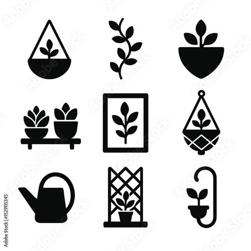 Greenery Icon Set. Solid, Filled icon set of greenery decor: hanging planter, climbing vine, wall pocket, shelf succulents,