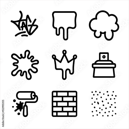 Graffiti Icon Set. Outline icon set of graffiti splatter: tag outline, stencil drip, throw-up blob, mural sketch, bubble letter