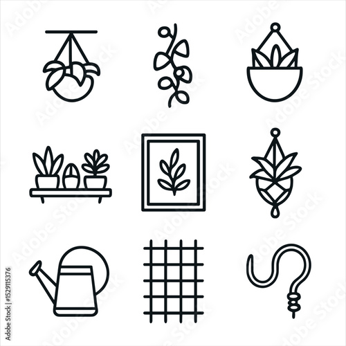 Greenery Decor Icon Set. Outline icon set of greenery decor: hanging planter, climbing vine, wall pocket, shelf succulents,