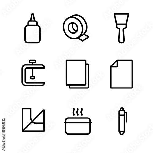 Paper Restoration Tools Icons. Outline icon set of paper restoration tools: glue bottle, archival tape roll, restoration brush,