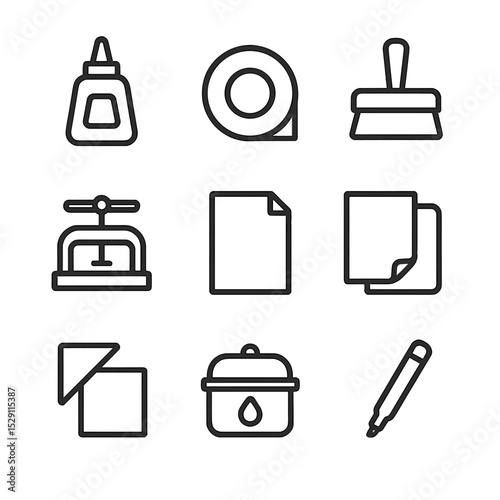 Paper Restoration Tools Icons. Outline icon set of paper restoration tools: glue bottle, archival tape roll, restoration brush,