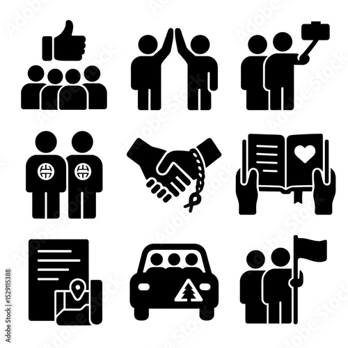 Group Travel Rituals. Solid, Filled icon set of group travel rituals: thumbs-up cheer, high-five, group selfie, matching shirts,