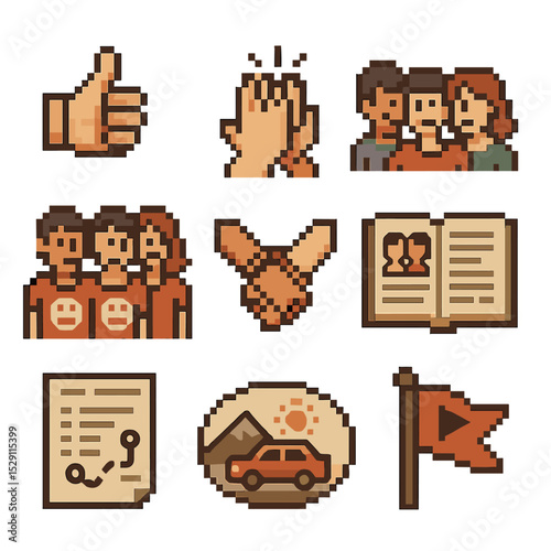 Group Travel Rituals. Pixel art icon set of group travel rituals: thumbs-up cheer, high-five, group selfie, matching shirts,