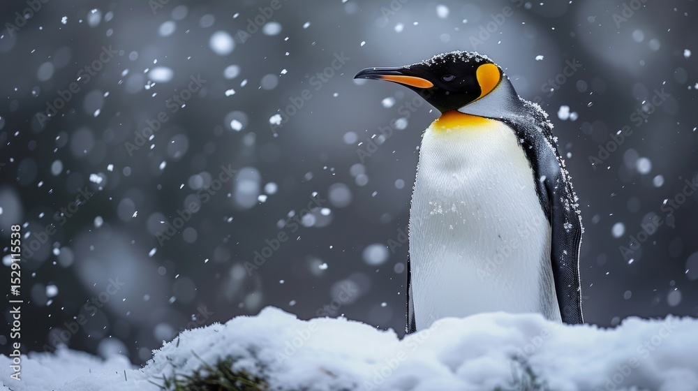 Fototapeta premium A striking penguin stands proudly in a snowy landscape, showcasing its distinctive colors and poised demeanor, capturing the charm and resilience of wildlife in harsh climates.