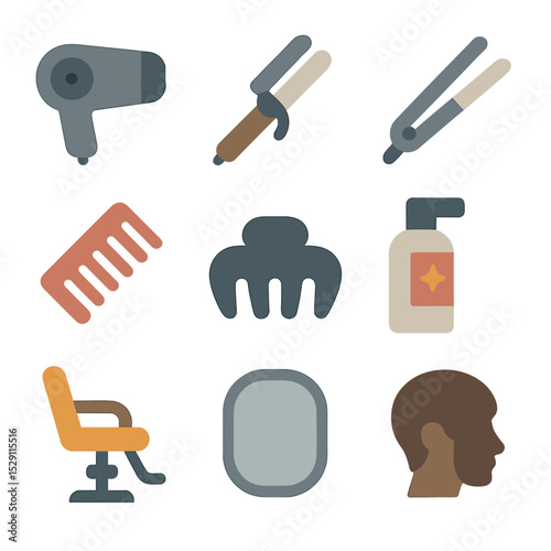 Hairstyling Tool Icons. Flat icon set of hairstyle styling: hair dryer, curling iron, hair straightener, comb, hair clip,