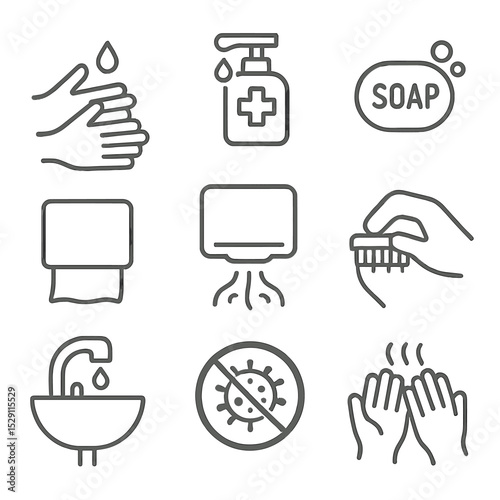 Hand Hygiene Icons. Flat icon set of hand hygiene practices: hand wash, hand sanitizer dispenser, soap bar, paper towel, hand