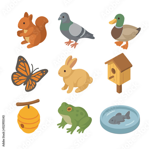 Park Wildlife Icons. Isometric Flat icon set of park wildlife: squirrel, pigeon, duck, butterfly, rabbit, birdhouse, bee hive,