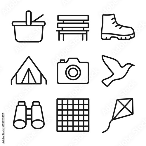 Pasture Recreation Icons. Outline icon set of pasture recreation: picnic basket, bench, hiking boot, tent silhouette, camera icon,
