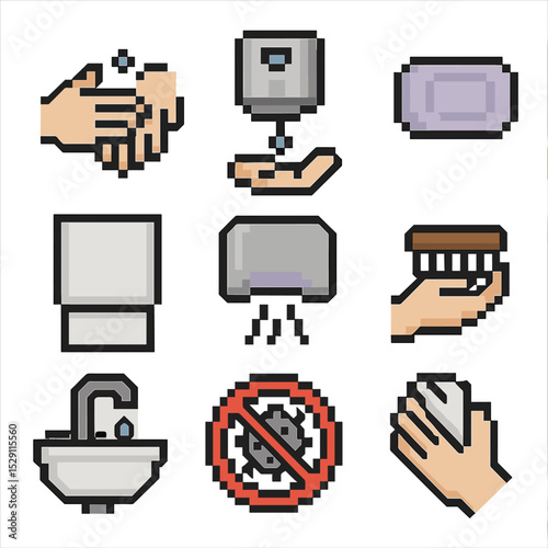 Hand Hygiene Icons. Pixel art icon set of hand hygiene practices: hand wash, hand sanitizer dispenser, soap bar, paper towel, hand
