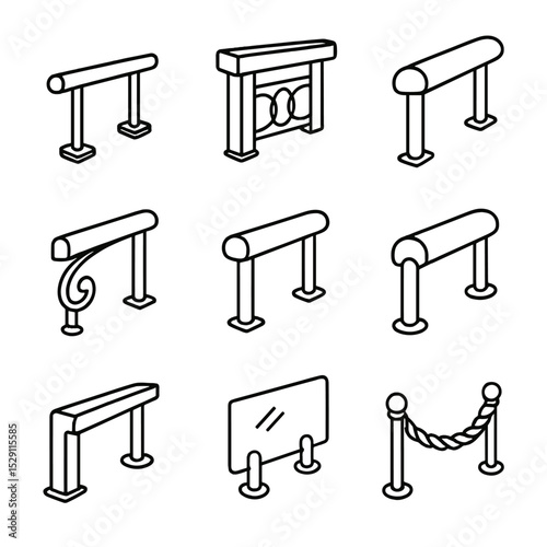 Handrail Icon Collection. Outline icon set of handrail materials: stainless steel handrail, wood handrail, aluminum handrail,
