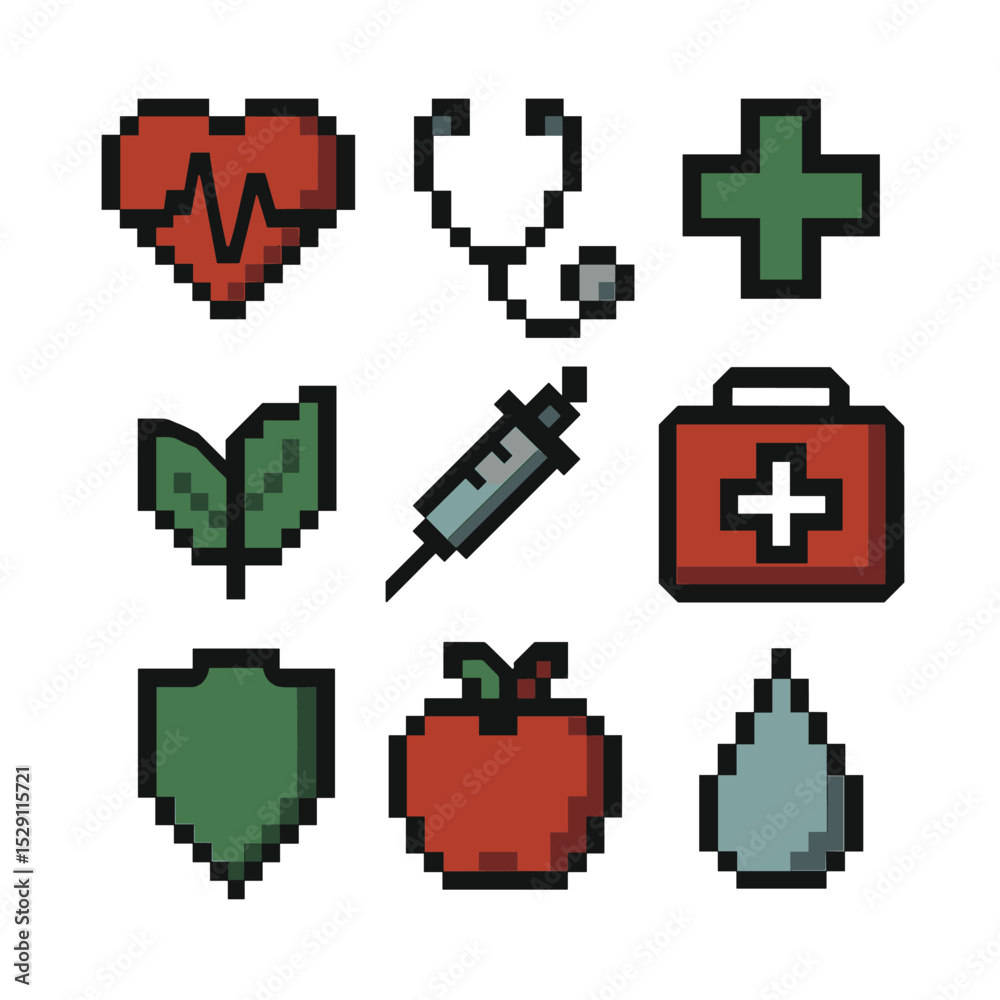 Obraz premium Health Equity Icons. Pixel art icon set of health equity: heart monitor, stethoscope, hospital cross, wellness leaf, syringe,