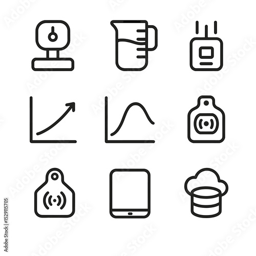 Performance Recording Icons. Outline icon set of performance recording: weigh scale, milk meter, intake sensor, growth chart, photo
