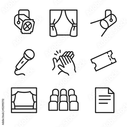 Performance Icon Set. Outline icon set of performance and showcase elements: stage light, curtain, spotlight, microphone, applause