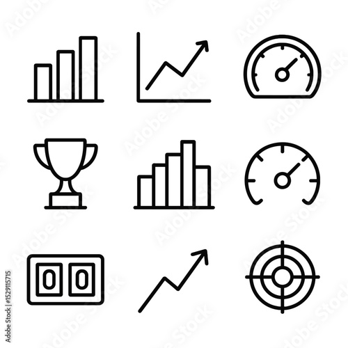 Performance Tools Icons. Outline icon set of performance measurement tools: bar chart, line graph, speedometer gauge, trophy