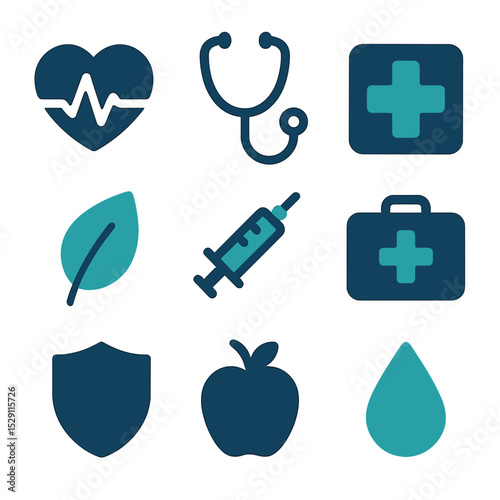 Health Equity Icons. Flat icon set of health equity: heart monitor, stethoscope, hospital cross, wellness leaf, syringe, first aid