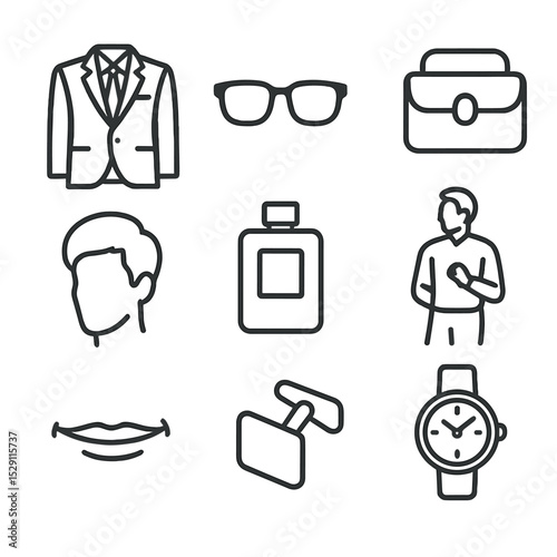 Personal Style Icons. Outline icon set of personal style and image: tailored suit, signature glasses, branded accessory, hairstyle