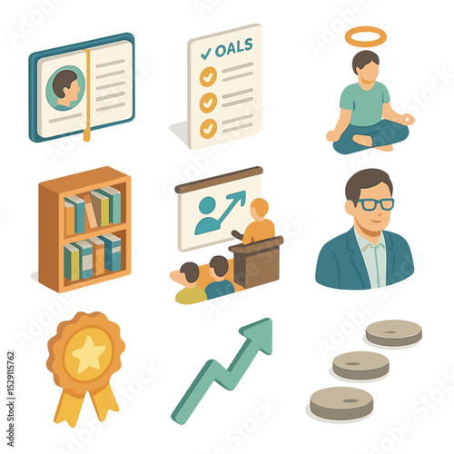 Personal Growth Icons. Isometric Flat icon set of personal growth concepts: self-reflection journal, goal list, meditation icon,