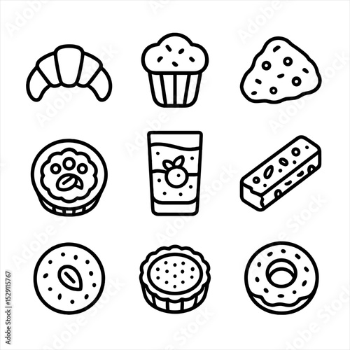 Healthy Pastry Icons. Outline icon set of healthy pastry alternatives: whole grain croissant, gluten-free muffin, oat scone, fruit