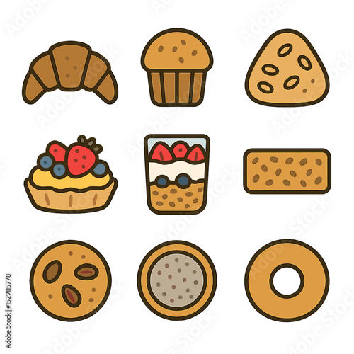 Healthy Pastry Icon Set. Flat icon set of healthy pastry alternatives: whole grain croissant, gluten-free muffin, oat scone, fruit