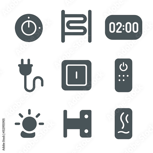 Heated Towel Bar Icons. Flat icon set of heated towel bar features: thermostat knob, heating element, timer display, power cord,