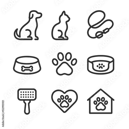 Pet Icon Set. Outline icon set of pet companionship: dog silhouette, cat silhouette, pet leash, pet food bowl, paw print, pet bed,