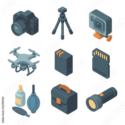 Photography Equipment Icons. Isometric Flat icon set of photography and recording equipment: camera, tripod, GoPro, drone, spare