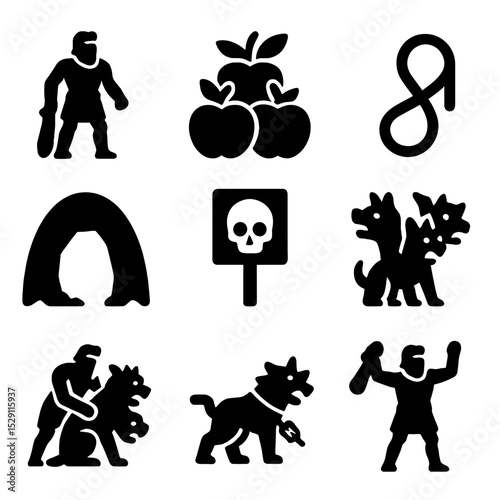 Heracles' Iconic Labors. Solid, Filled icon set of Heracles’ twelfth labor: hero figure, golden apples, capture rope, cave mouth,