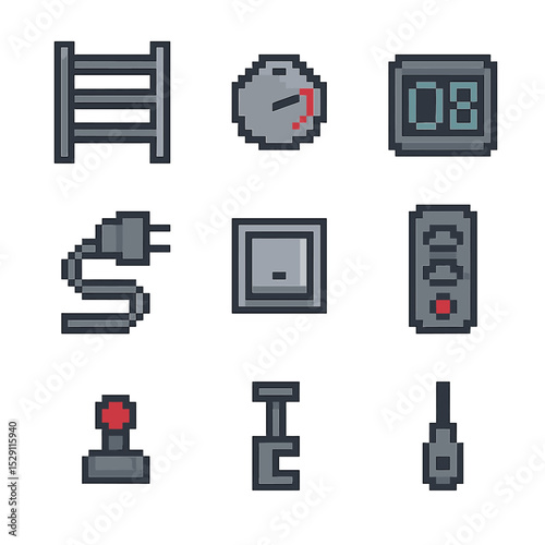 Heated Towel Bar Icons. Pixel art icon set of heated towel bar features: thermostat knob, heating element, timer display, power