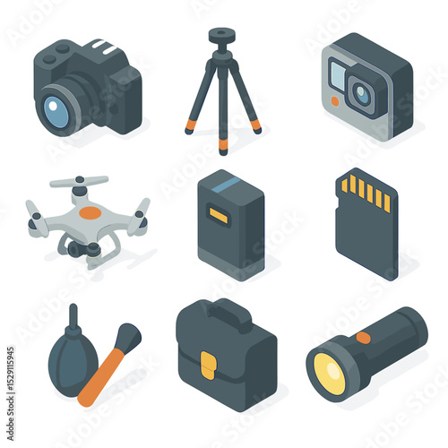 Photography Equipment Icons. Isometric Flat icon set of photography and recording equipment: camera, tripod, GoPro, drone, spare