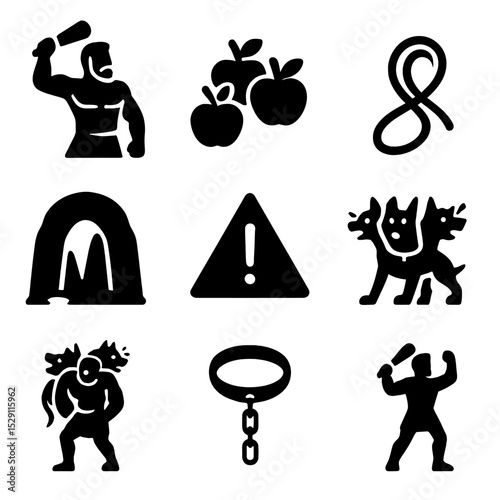Heracles' Iconic Labors. Solid, Filled icon set of Heracles’ twelfth labor: hero figure, golden apples, capture rope, cave mouth,