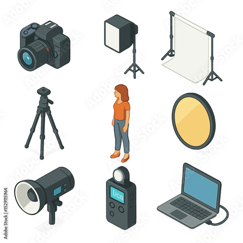 Photography Studio Icons. Isometric Flat icon set of photography studio: camera, lighting softbox, backdrop stand, tripod,