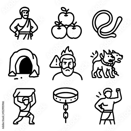 Heracles' Twelfth Labor Icons. Outline icon set of Heracles’ twelfth labor: hero figure, golden apples, capture rope, cave mouth,