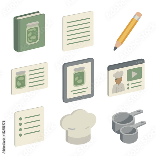 Pickle Recipe Icons. Isometric Flat icon set of pickle recipes and cookbooks: recipe book, notepad page, pencil, recipe card,